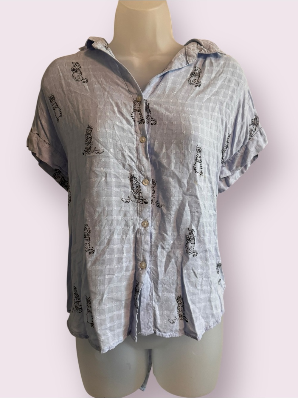 Jane + Delancey Cat Print Button Front Blouse Blue Size L
